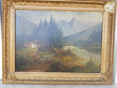 Landschaftsbild in Öl, Berge und See mit 2 Ruderer Künstler Hannes Gruber.