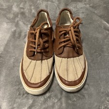 Polo Ralph Lauren Boys Boat Shoes Parkstone Low Size 4 Tan Fabric Brown Leather