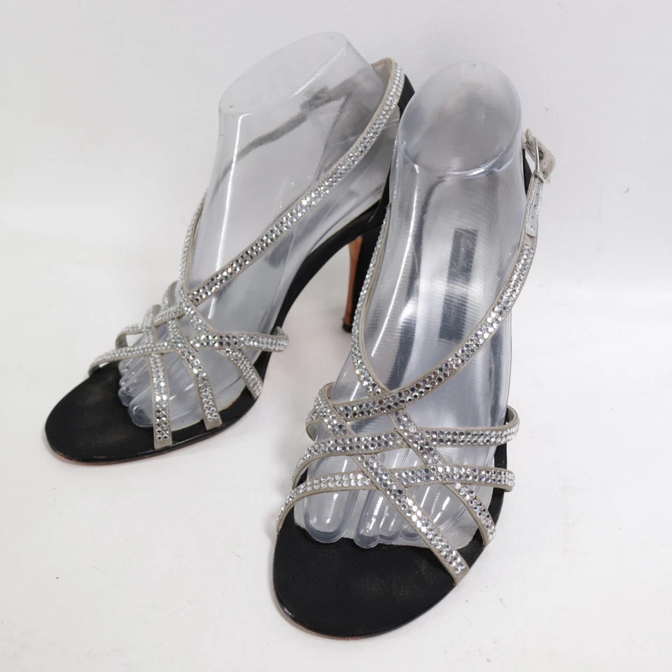 Sandalias de Tacón de Aguja Beverly Feldman De Colección 8.5 Negras Sat Estrás Formales Elegantes Foto 3 de 4