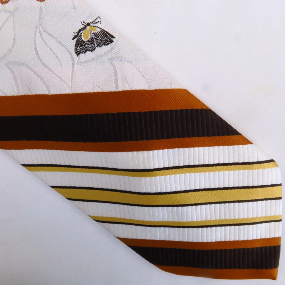 Leonardo Mens Neck Tie Striped Butterfly Print Yellow Orange Brown Retro 57x4 - Image 2 of 4