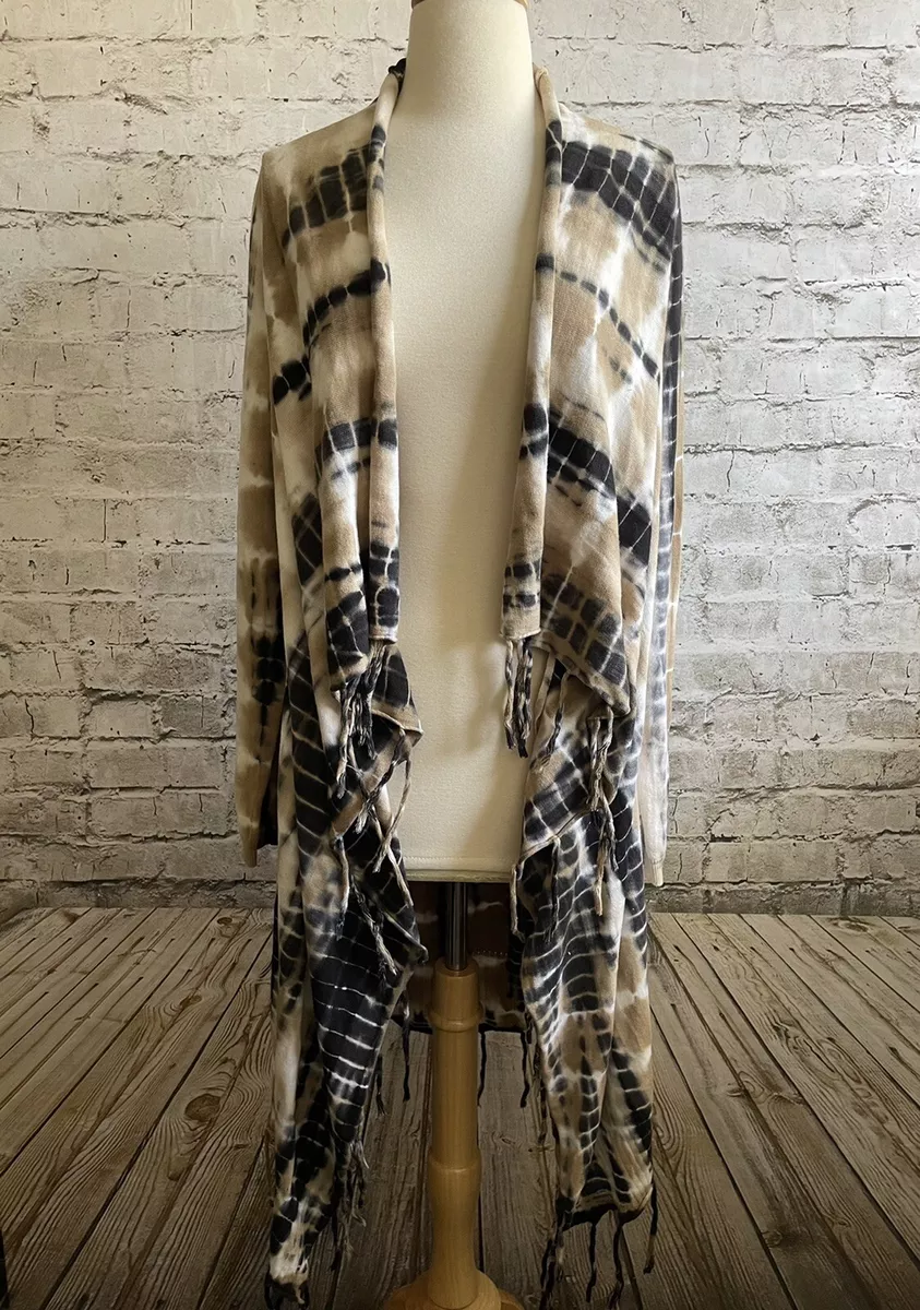 Soft Surrounding Tan Black Tie Die Fringe Drape Cardigan Jacket