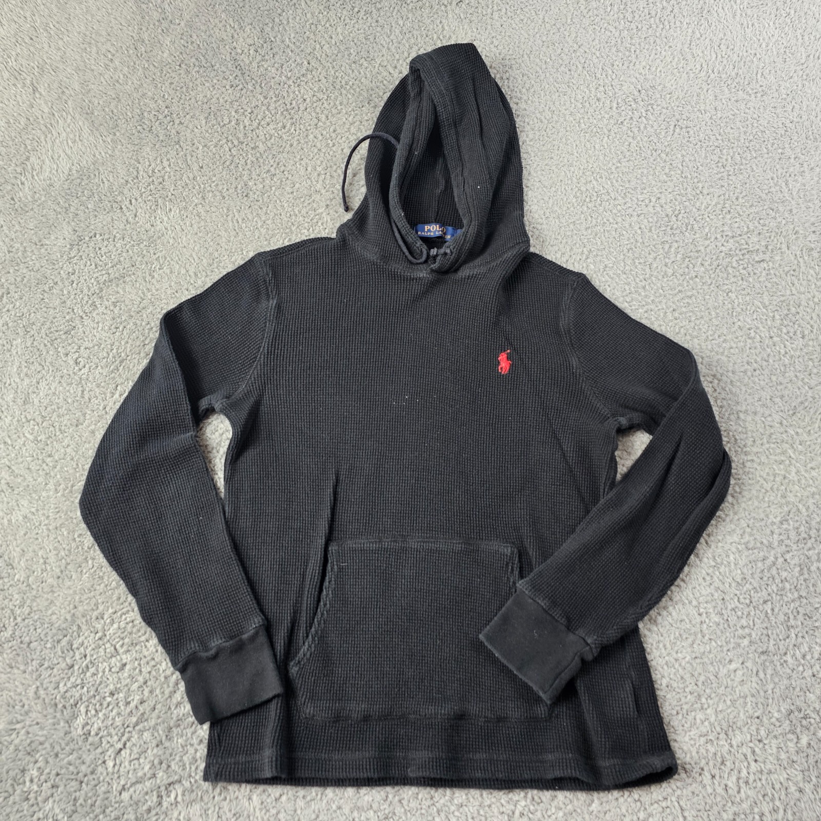 Polo Ralph Lauren felpa con cappuccio giovane media nera waffle maglia maglione termico pony