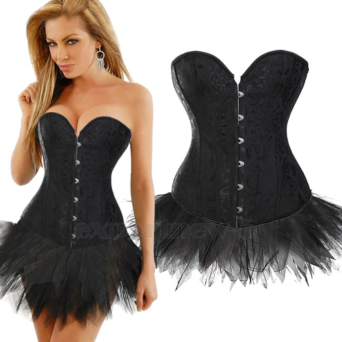 Ladies Lace Strapless Up Burlesque Corset Fancy Dress Costume Overbust Top&Tutu - Picture 22 of 31
