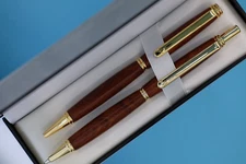 Artisan Beaded Slimline Pen and Pencil Gift Set in 10k Gold Rosewood Barrels