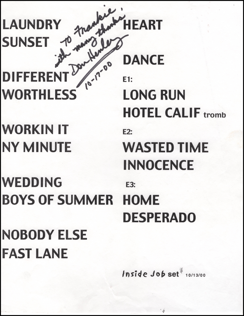 Don Henley Autographed Signed Eagles Inside Job Tour Set List & Pass - Beckett COA 