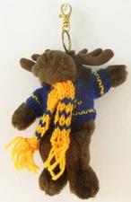 SCANDINAVIAN SWEDISH STUFFED PLUSH MOOSE ON RING BLUE YELLOW KNITTED SWEATER 8"