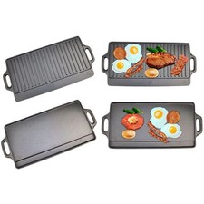 Non-Stick Cast Iron Reversible Griddle Plate Pan BBQ & Hob Cooking Grill Pan New