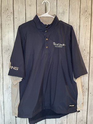 Ping Windbreaker Pullover 1/2 Snap Up Jacket Short Sleeve Men's Blue Tan  Large
