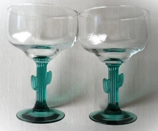 2~LIBBEY~8oz~Margarita~6"x3.75"~GLASS~Green~CACTUS~Pedestal~FIGURAL STEM~Saguaro
