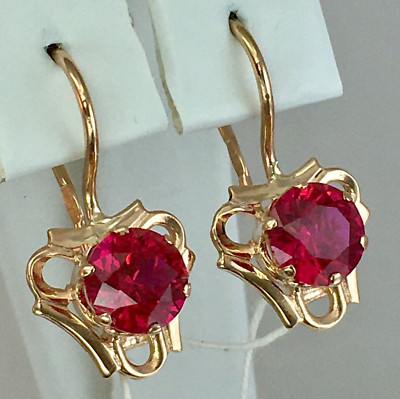USSR Vintage Original Rose Gold Ruby (lab. made)  Earrings 583 14K 3.32 g.