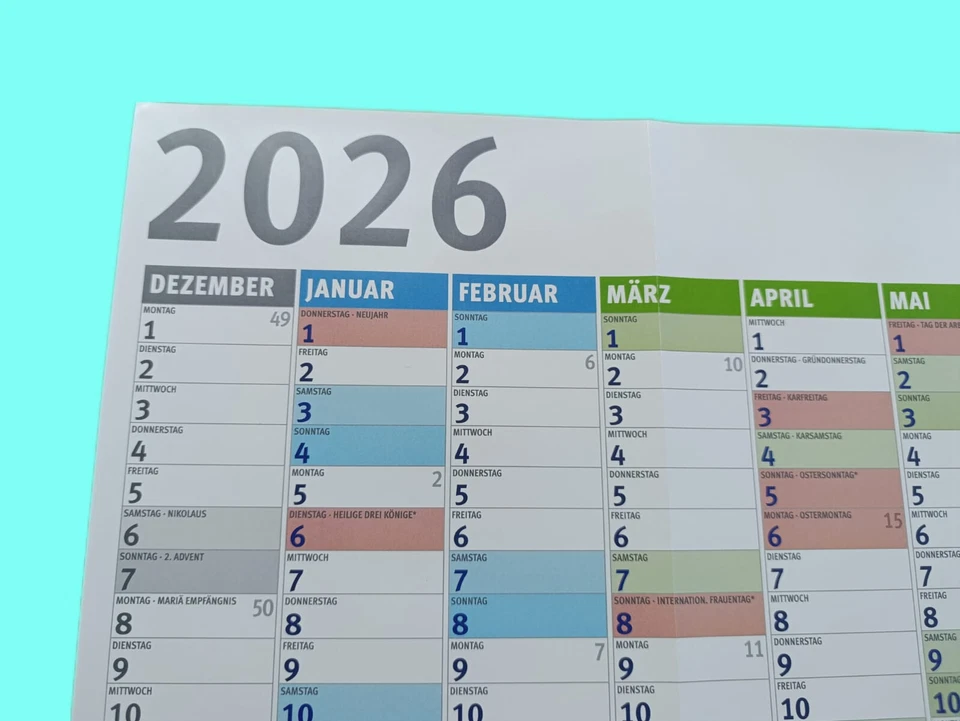 2026 Wandkalender DIN A1,A2,A3,A4 Plakatkalender Jahresplaner GEFALTET Planer - Bild 3 von 4