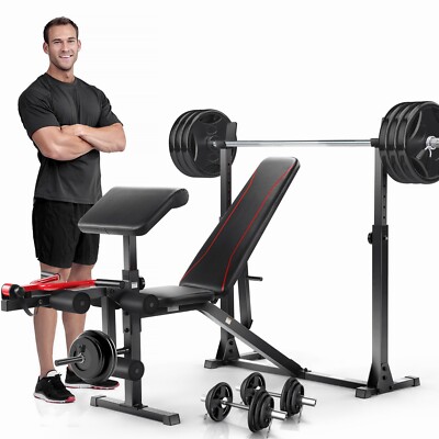 900LBS Olympic Weight Bench Set Adjustable with Barbell Rack Full Body Exercise 