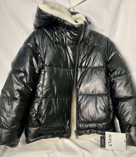 NWT NVLT VEGAN Reversible DOWN Faux Fur PUFFER Jacket Hood Women P/S Black Cream - Picture 1 of 9