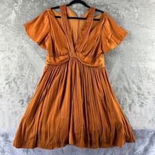 Anthropologie Dress Women’s 10 Burnt Orange Pleated V-Neck Lined Flutter Sleeves