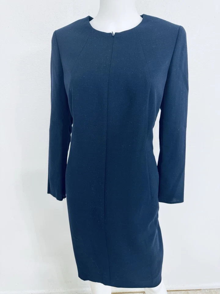 Vestido de lana elástico azul Akris altamente construido con cremallera frontal forro de seda US12 Foto 4 de 4