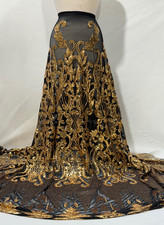 Gold Stretch Sequin Fabric 4 Way Black Stretch Mesh Width: 54" Sold By The Yard