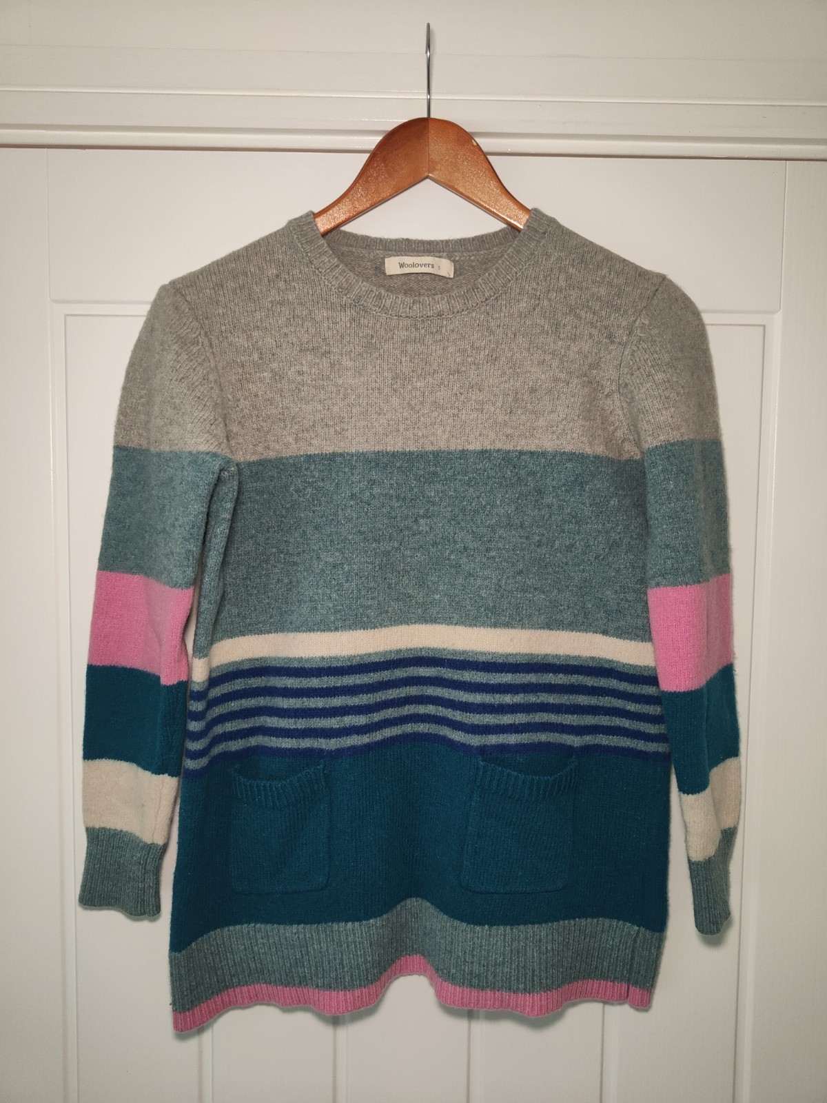 WoolOvers 100% Lambswool Striped Jumper Size S Womens Pocket Knit Pullover Top