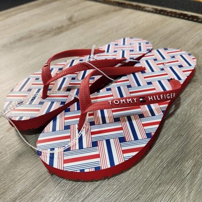 Tommy Hilfiger Flip Flops Shoes Mens Size 6 Red White Blue Striped Logo Beach