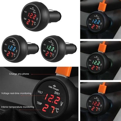 USB Auto Ladegerät DC 12V-24V LED Panel Digital Spannung Volt Meter Thermometer 3in1