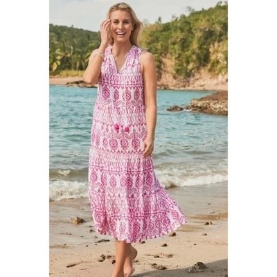 TOMMY BAHAMA Ikat Tropics Passion Pink White Midi Dress Cotton Voile Small