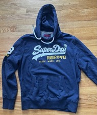 Superdry Cotton Jersey Pullover Hoodie Navy Blue Graphic Logo Men's VTG S DRY