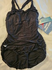 VTG Speedo Black Ruched One Piece Swimsuit Womens 12 NOS USA Modest Racerback