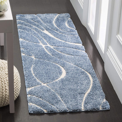 Florida Shag Runner Rug 2'3'' x 11' Light Blue & Cream, Non-Shedding, Easy Care