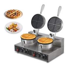 Commercial 2600W Waffle Maker Round Rotating Iron Non-Stick Plates Stainless