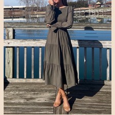 ZESICA Olive Green Smocked Tiered Midi Dress Long Sleeve Women's Size L