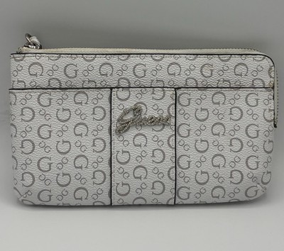Guess Noelle White Monogram Logo Repeat Wristlet Wallet Zip Clutch Side Pocket