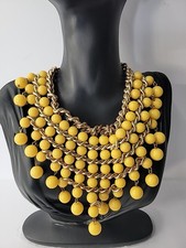 Vintage Yellow Beaded Statement Bib Necklace Gold Tone Chain Bold Fringe Collar
