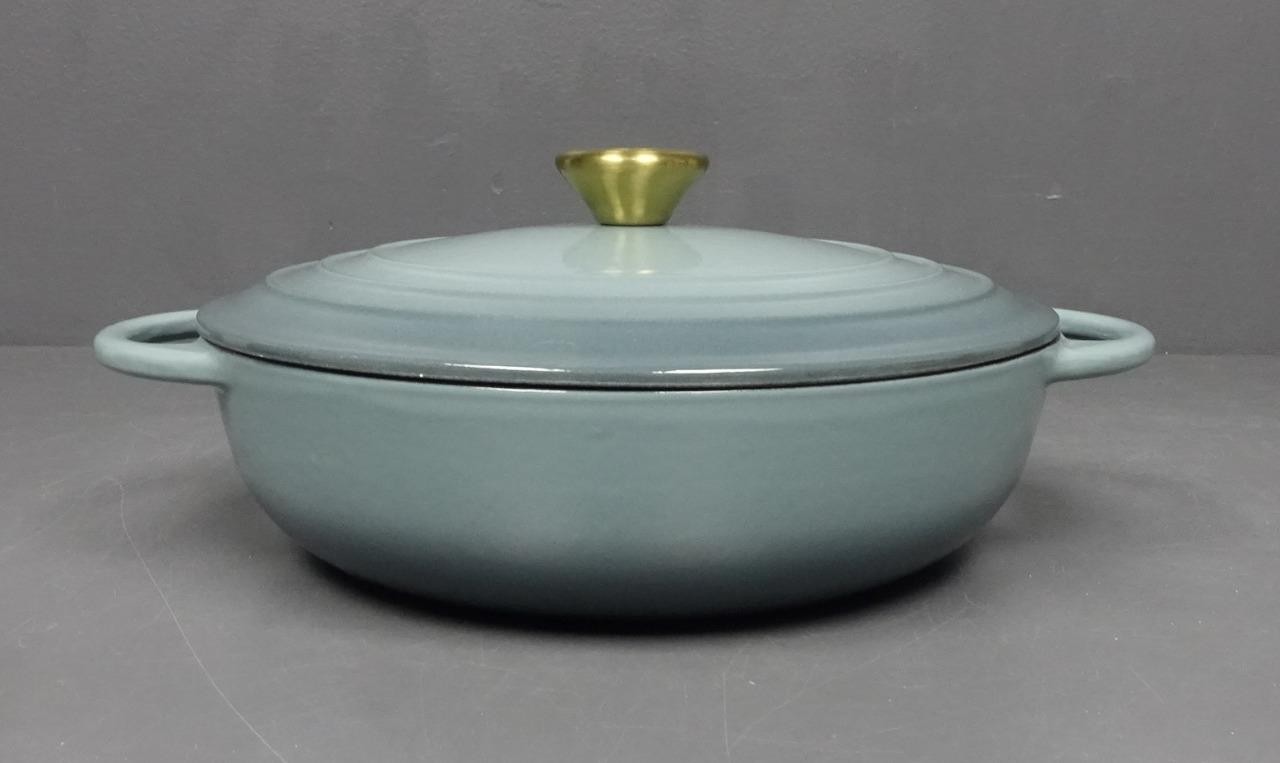 BRANDANI 3qt Dusty Turquoise Ombre Enameled Cast Iron 10.5" Braiser Pan w/ Lid