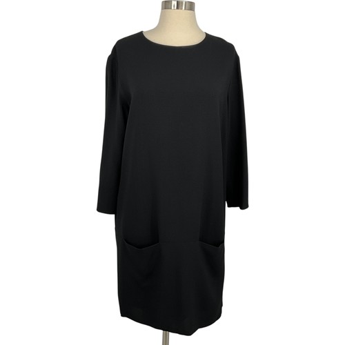 THE ROW Marina‎ Crepe Mini Dress Womens 12 Black 3/4 Sleeve Pockets Lined