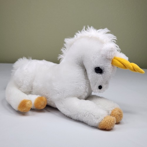 Vintage 1979 R. Dakin Plüsch Einhorn 7x11 Zoll liegend weiß mit gelben Füßen & Horn - Bild 3 von 12
