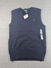 Polo Ralph Lauren Factory Store Cable Knit Vest Sweater Mens L 14/16 Navy Logo