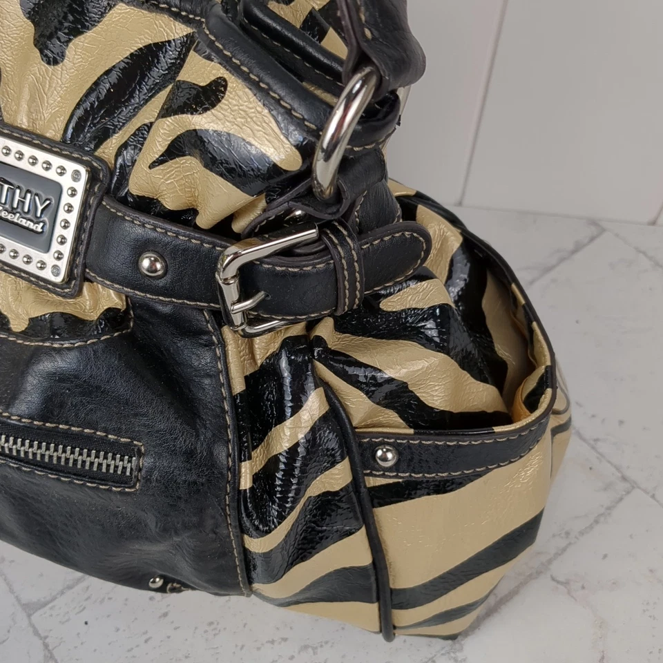 Kathy Van Zeeland Zebra Stripe Gold & Black Buckle Handbag Y2K Hobo Bag - Image 3 of 4