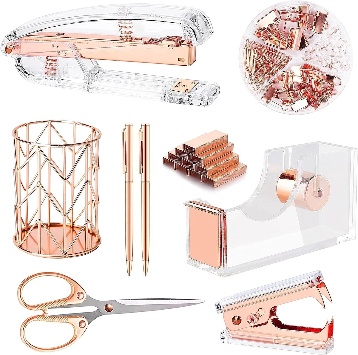 Famassi Rose Gold Desk AccessoriesOffice Supplies Set Acrylic Stapler Set Staple Remover, Tape Holder, Pen Holder, 2 Ballpoint Pen, Scissor, Binder