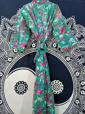 Indian Sleepwear Women's Waffle Bird Print Wear 100% Knit Women's Gown Kimono UK