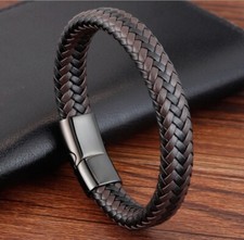 Men Women Boy 12mm Black and Brown Braided Genuine Leather Bracelet Bangle 6-9"