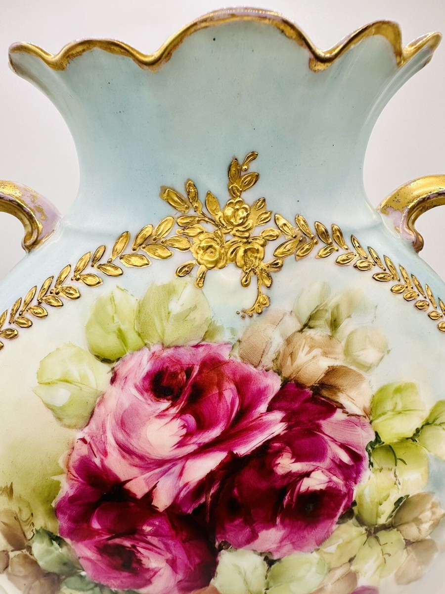 LARGE JPL LIMOGES FRANCE HAND PAINTED APPLIED GOLD ROSES VIOLETS