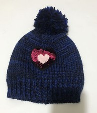 Girls Winter Hat One Size Sparkly Blue Pom Sequin Pink Heart