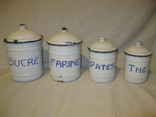 Lot De 4 Pots à épices Vintage - Tôle émaillée Blanche - Fabrication Française 1920-1949
