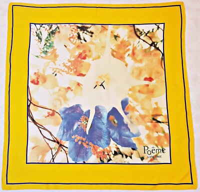 SCARF VINTAGE AUTHENTIC POEME LANCOME PARIS PERFUME FLORAL ART YELLOW 33'' SQUARE