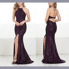 NWT $338 Tiffany Designs [ 2 ] Sequined Halter High Slit Gown in Purple #G908