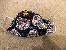 sugar Skulls Day of Dead black floral print handmade cotton face mask reversible