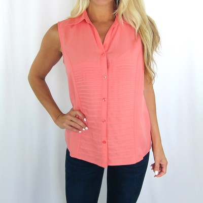Dressbarn Pleated Inset Button Front Sleeveless Shirt Top Blouse