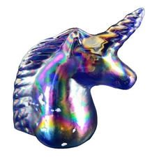 1980s Heavy Iridescent Art Glass Unicorn Horse Head Figurine Paperweight Glass