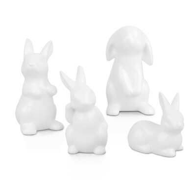 LarpGears Easter Bunny Decor, 4 Pcs Glossy White Ceramic Bunny Figurines Spri...