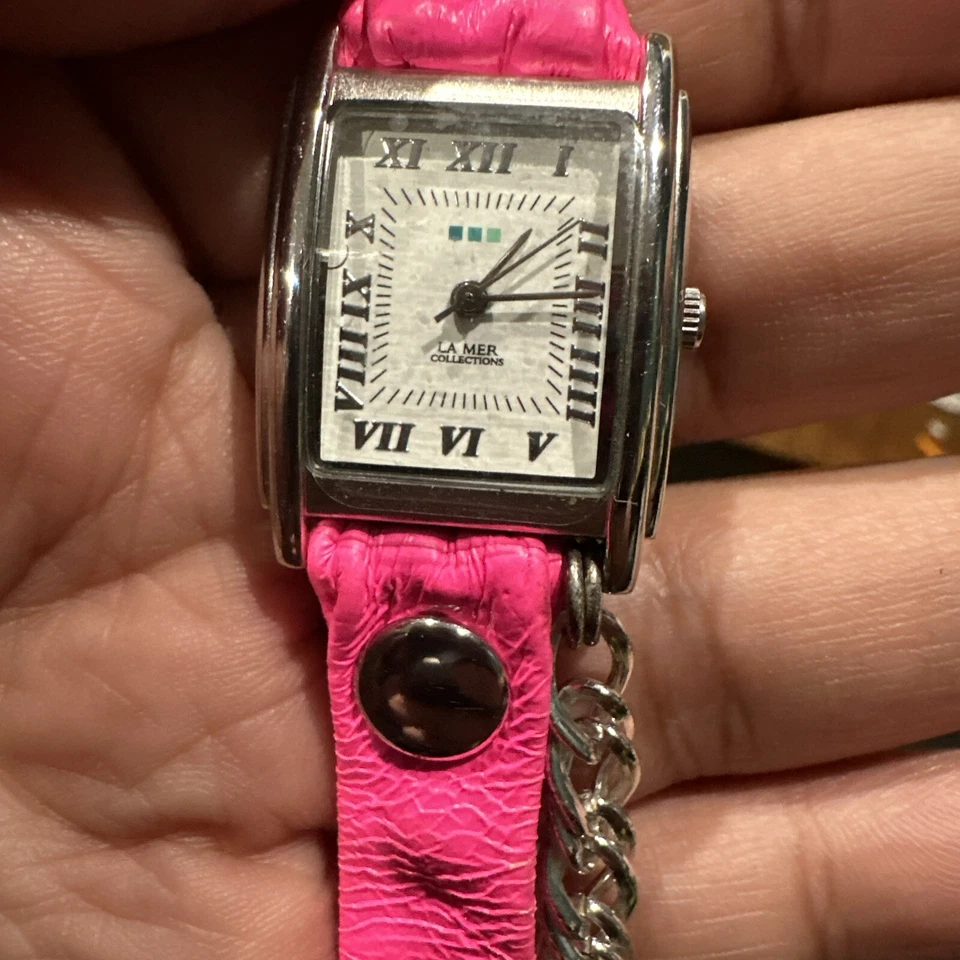 *Working* La Mer White Dial Rectangle Pink Faux Leather Long Band Chain Watch - Изображение 2 из 4