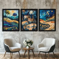 Starry Night Inspired Set Of 3 Wall Art Van Gogh Style Landscape Picture Prints